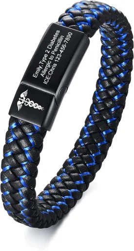 VNOX Blue Braided Leather Adjustable Cuff Bangle Medical ID Bracelet for Men