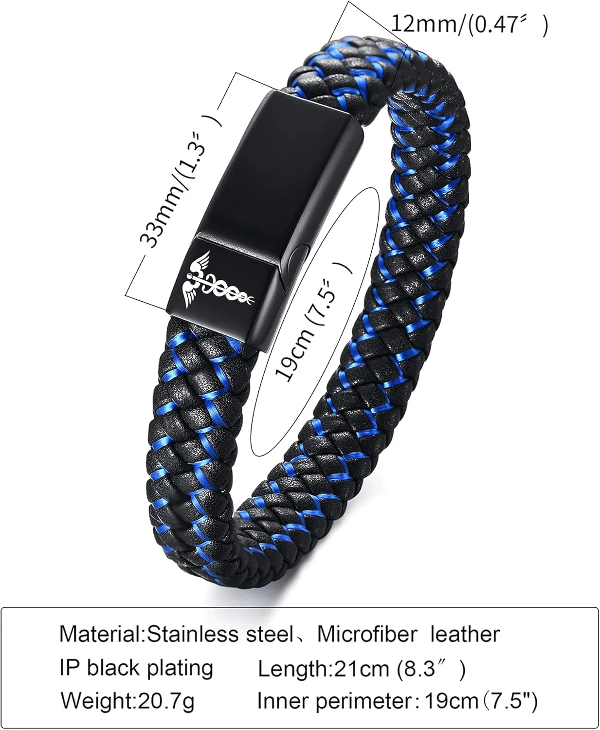 VNOX Blue Braided Leather Adjustable Cuff Bangle Medical ID Bracelet for Men
