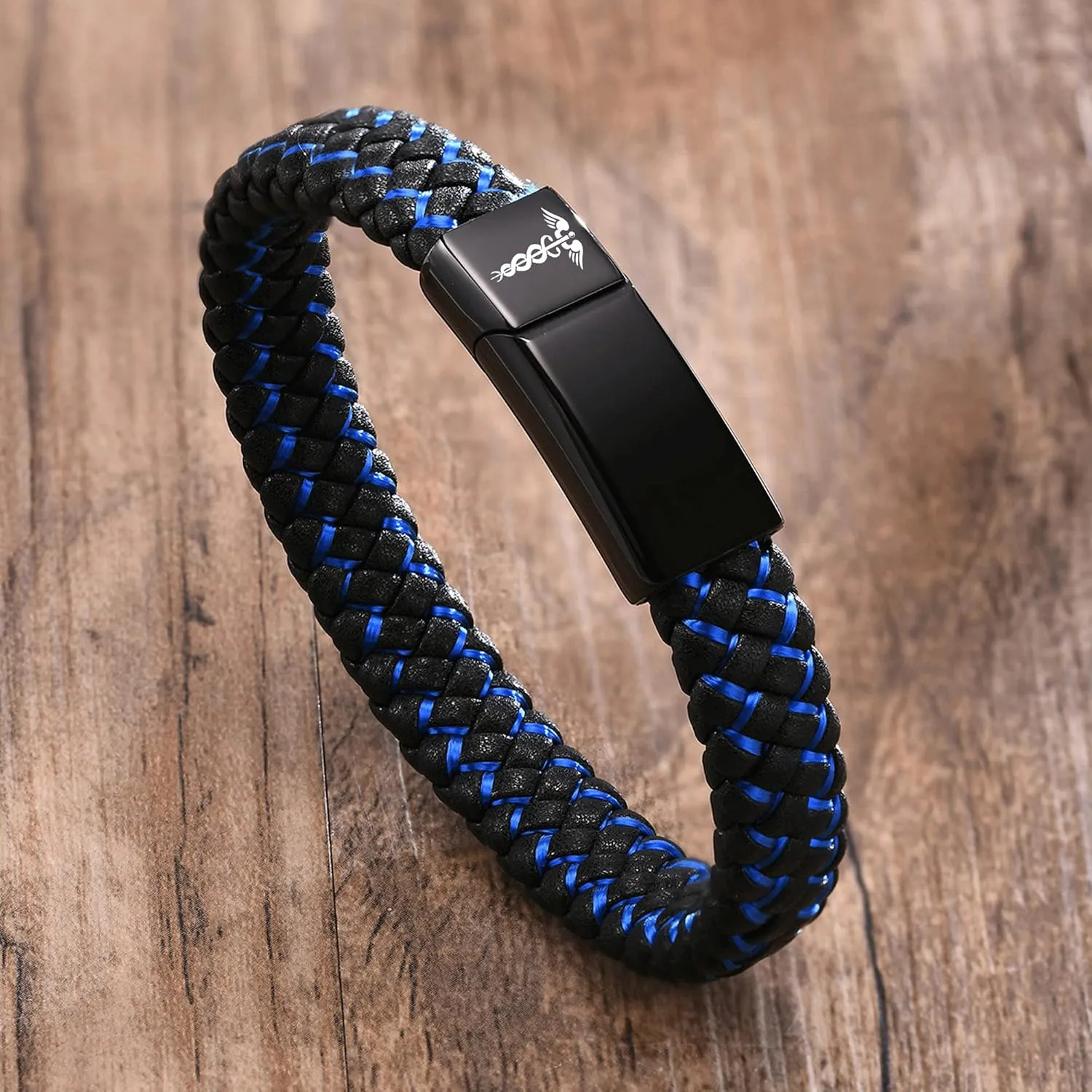VNOX Blue Braided Leather Adjustable Cuff Bangle Medical ID Bracelet for Men