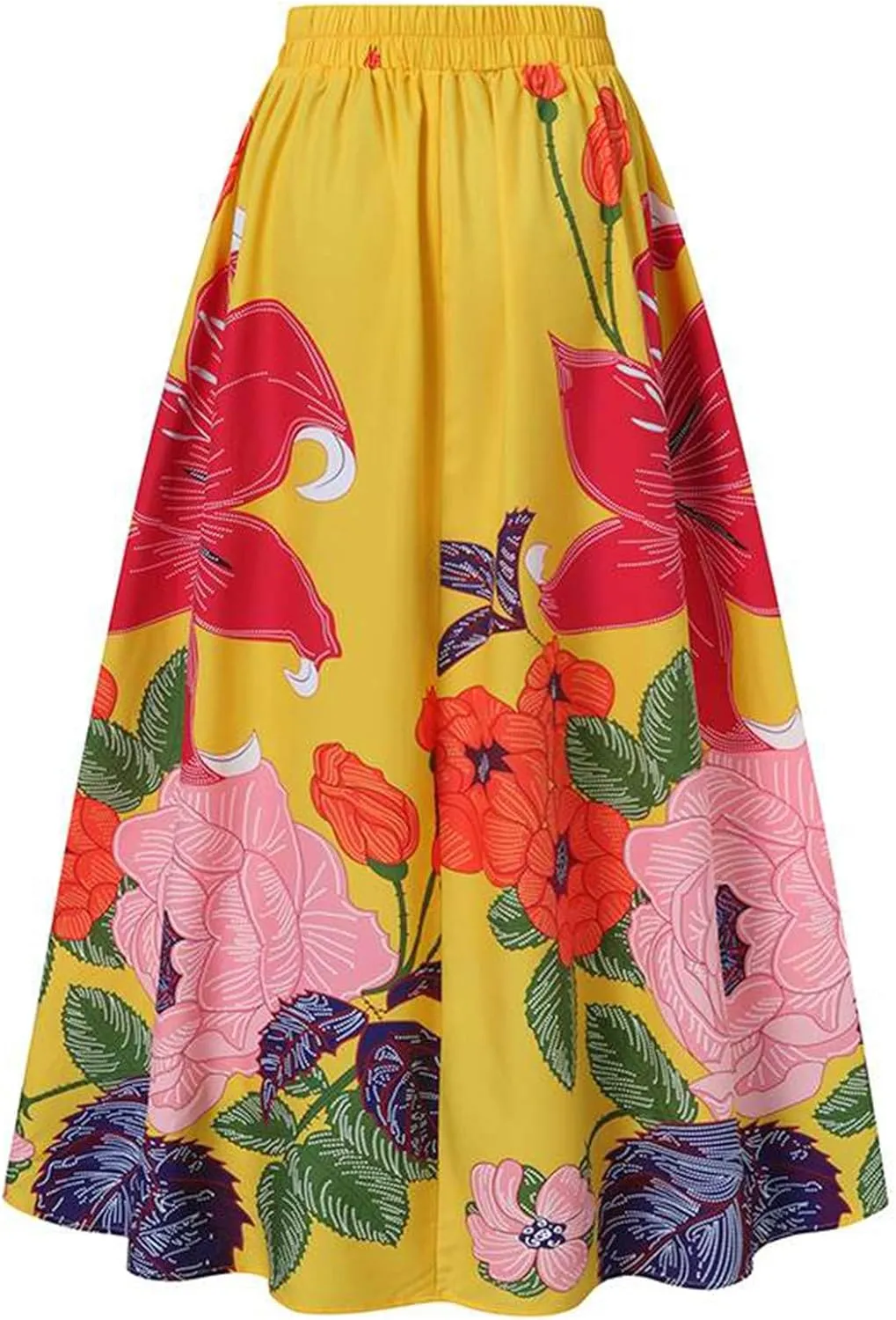 Women Maxi Long Skirt Bohemian Floral Print Ankle Length High Waist A-line Flowy Holiday Party Beach Skirts with Pockets