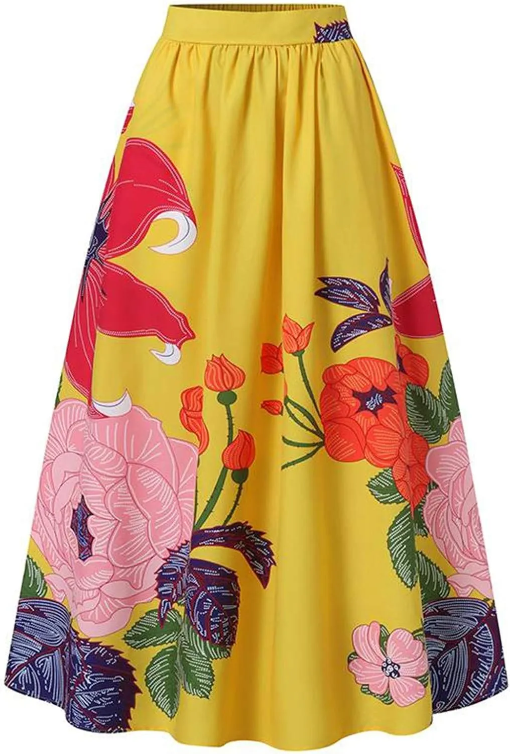 Women Maxi Long Skirt Bohemian Floral Print Ankle Length High Waist A-line Flowy Holiday Party Beach Skirts with Pockets