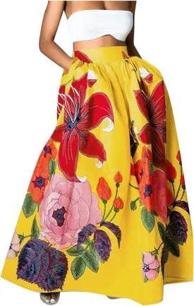 Women Maxi Long Skirt Bohemian Floral Print Ankle Length High Waist A-line Flowy Holiday Party Beach Skirts with Pockets