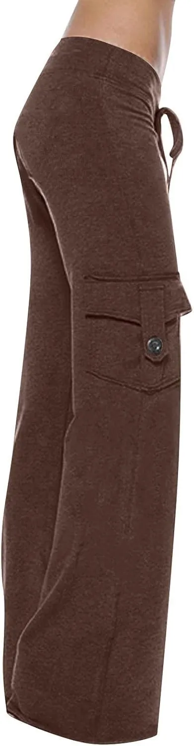 Womens Cargo Pants High Waist Wide Leg Pants with Pockets Casual Button Stretch Yoga Workout Leggings Gym Sweatpants