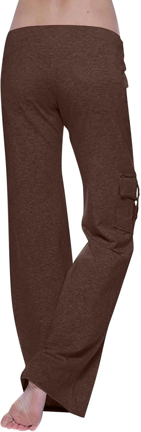 Womens Cargo Pants High Waist Wide Leg Pants with Pockets Casual Button Stretch Yoga Workout Leggings Gym Sweatpants
