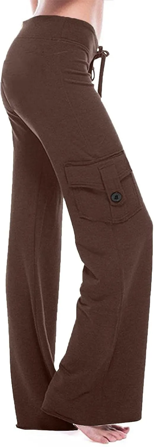 Womens Cargo Pants High Waist Wide Leg Pants with Pockets Casual Button Stretch Yoga Workout Leggings Gym Sweatpants