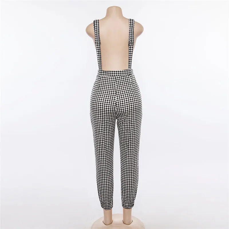 Women's Casual Plaid Jumpsuit – Sleeveless Strappy Romper, Checked Overalls for Everyday Fashion