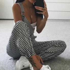 Women's Casual Plaid Jumpsuit – Sleeveless Strappy Romper, Checked Overalls for Everyday Fashion