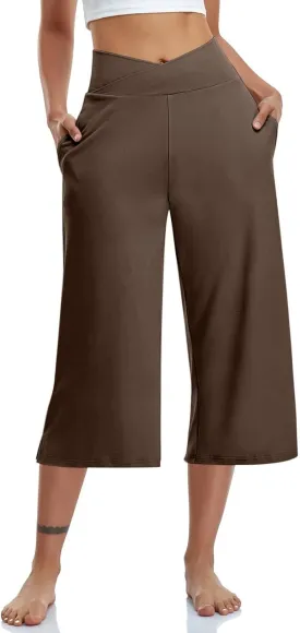 Womens Crossover High Waist Wide Leg Yoga Capris with Pockets Casual Capri Pants Loose Soft Pajama Pockets Sweatpants