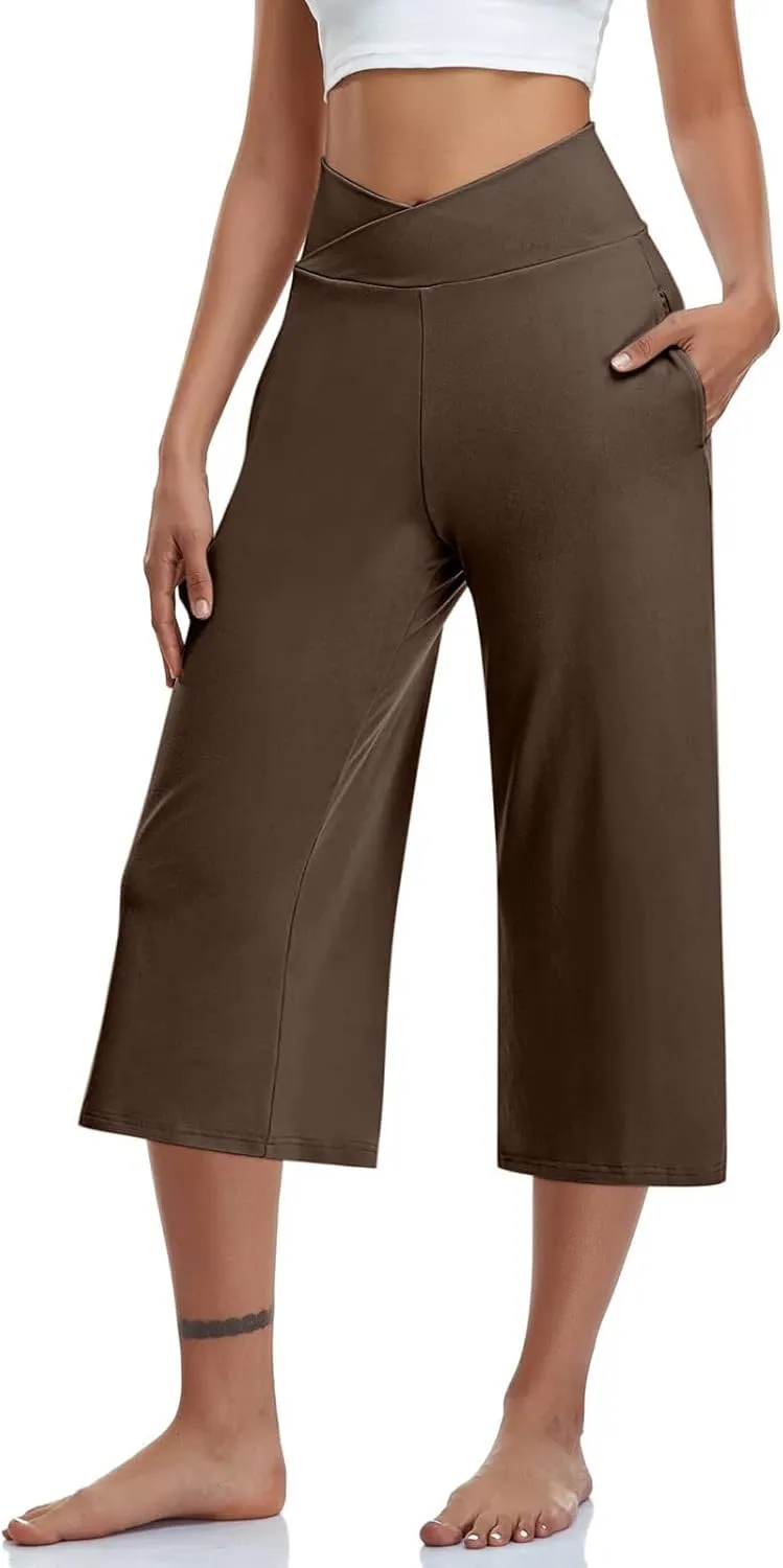 Womens Crossover High Waist Wide Leg Yoga Capris with Pockets Casual Capri Pants Loose Soft Pajama Pockets Sweatpants
