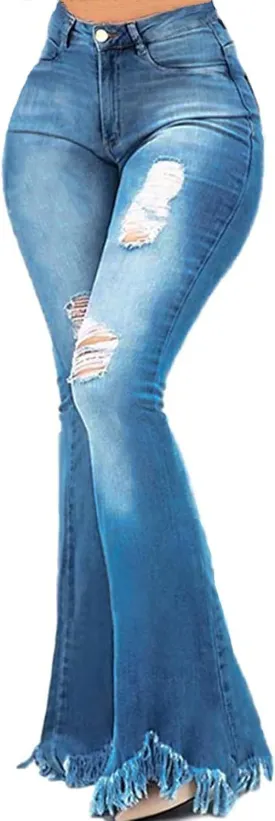 Women's Elastic Ripped Hole Classic Denim Bell Bottom Jeans