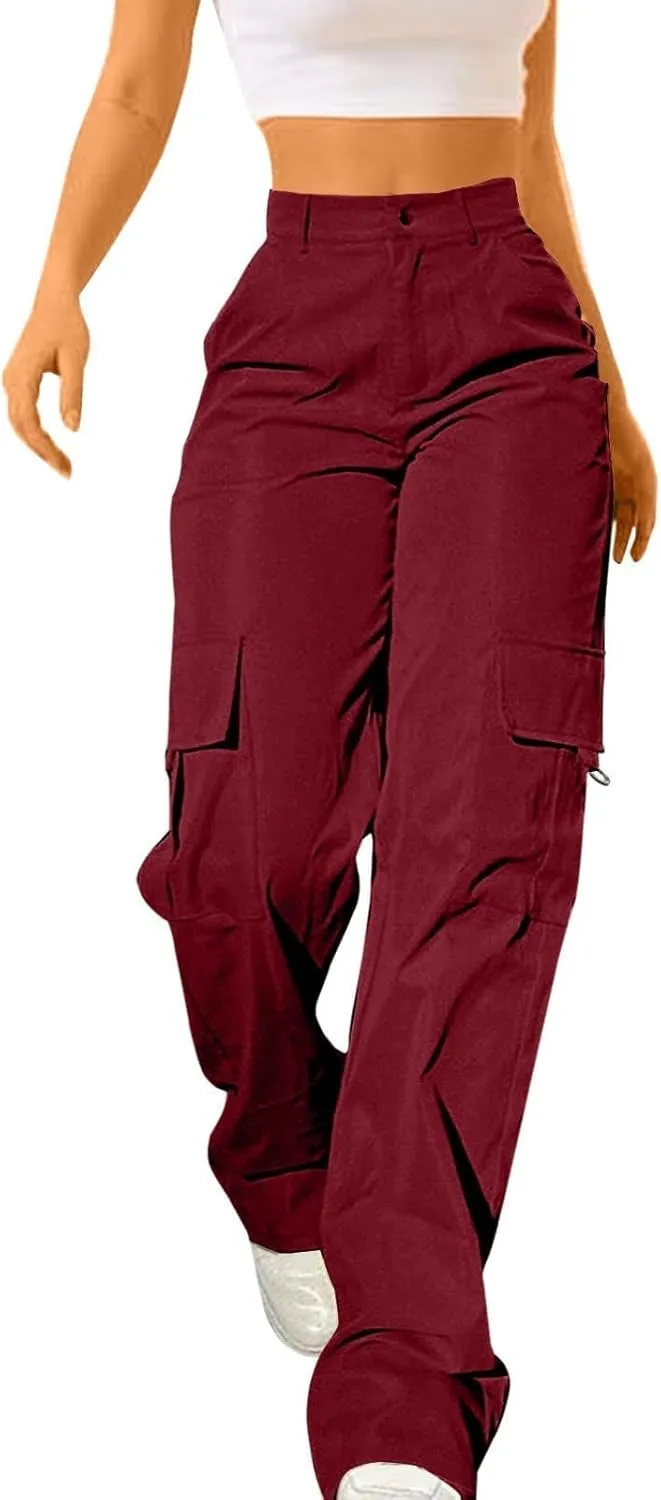 Women's High Waisted Cargo Pants Travel Y2K Streetwear Baggy Stretchy Pants with 4 Pockets Straight Leg Trousers