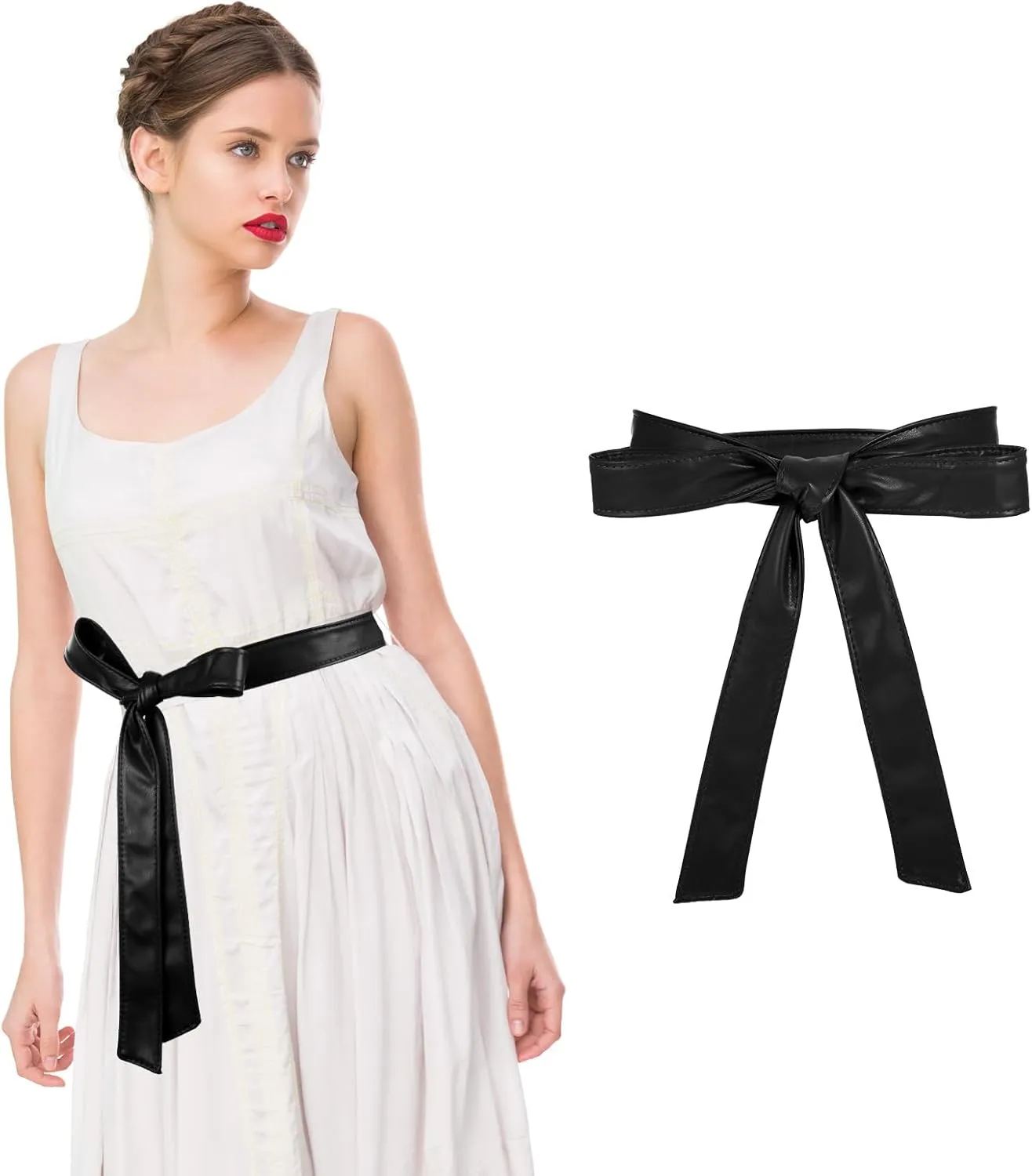 Womens Leather Belt, Obi Belt Fashion Wrap Pu Thin Belt 68X1.5In Dress Belt Tie for Women Waistband Knotted Belt