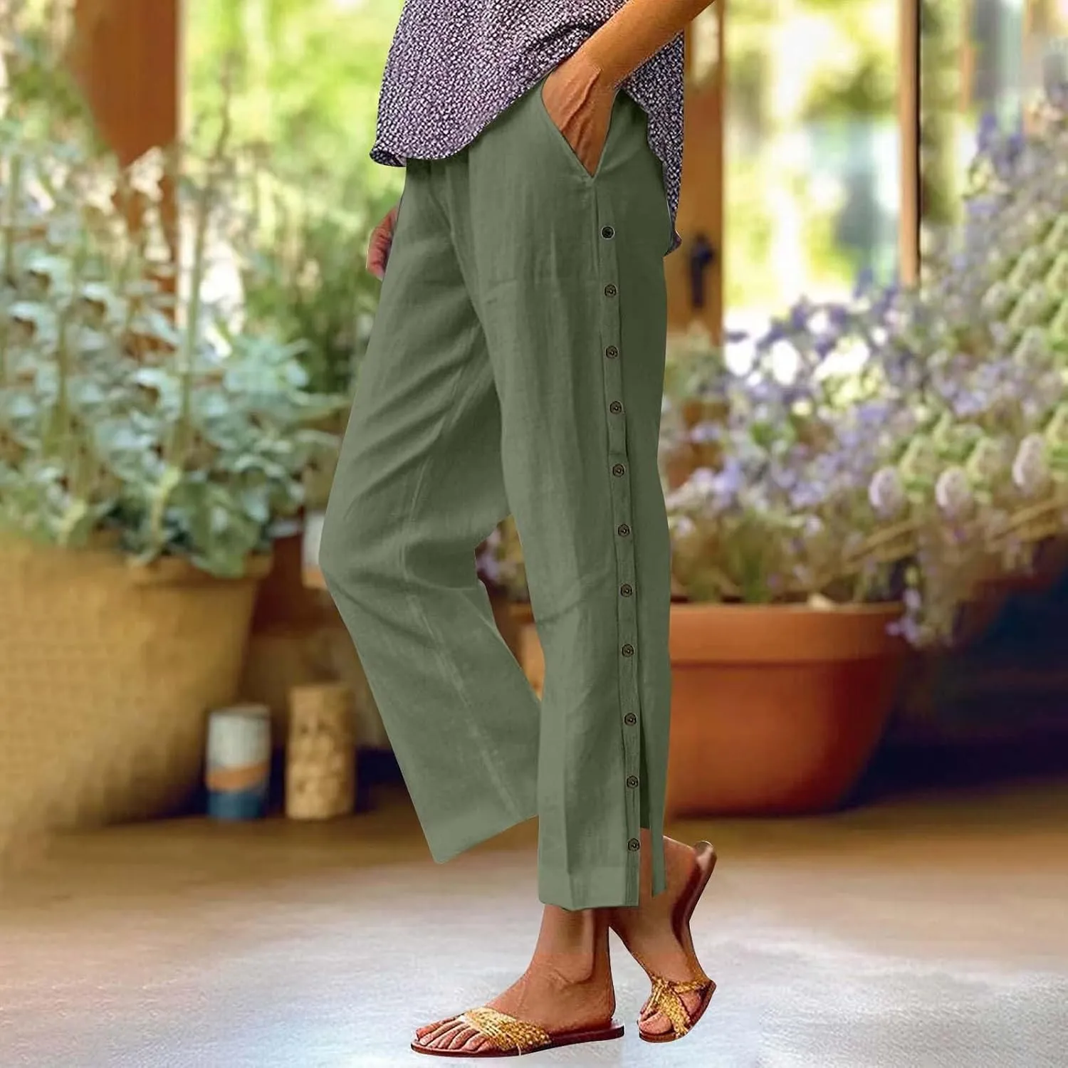 Womens Linen Work Pants 2025 High Waist Straight Leg Lounge Side-Button Pant Casual Lightweight Beach Trousers