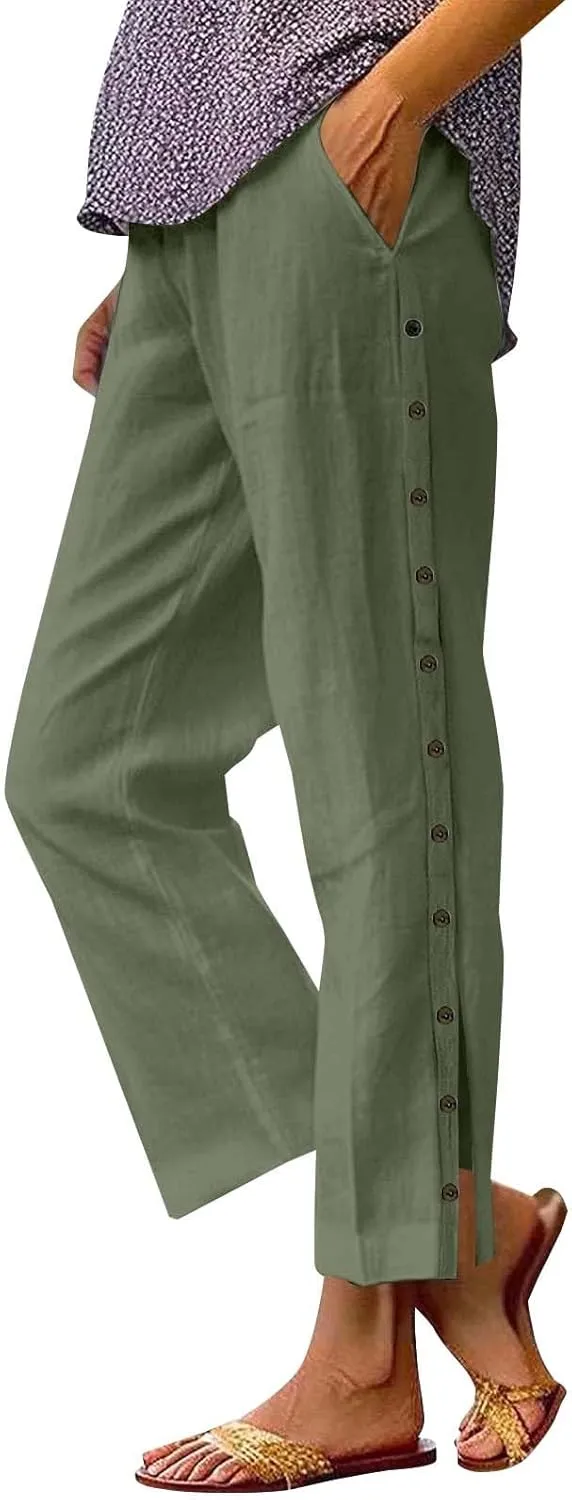 Womens Linen Work Pants 2025 High Waist Straight Leg Lounge Side-Button Pant Casual Lightweight Beach Trousers