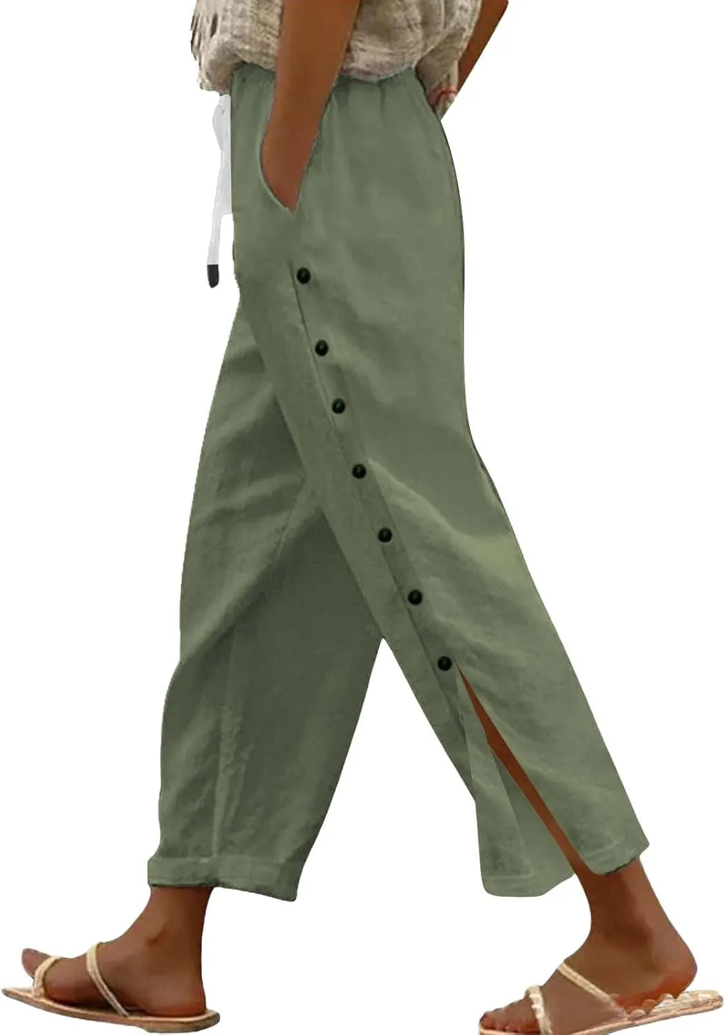 Womens Linen Work Pants 2025 High Waist Straight Leg Lounge Side-Button Pant Casual Lightweight Beach Trousers