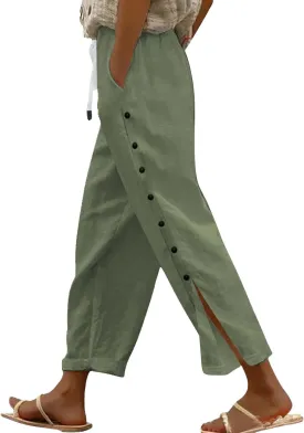 Womens Linen Work Pants 2025 High Waist Straight Leg Lounge Side-Button Pant Casual Lightweight Beach Trousers