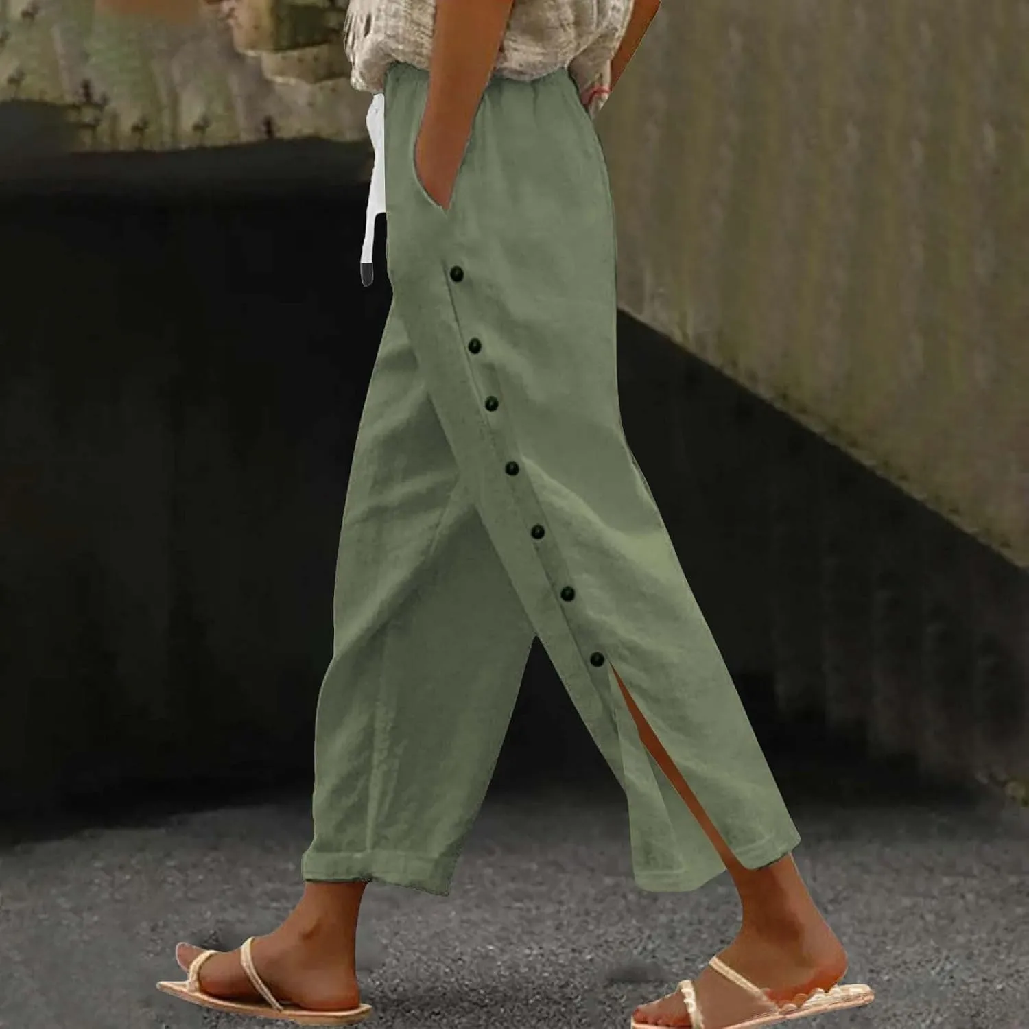 Womens Linen Work Pants 2025 High Waist Straight Leg Lounge Side-Button Pant Casual Lightweight Beach Trousers