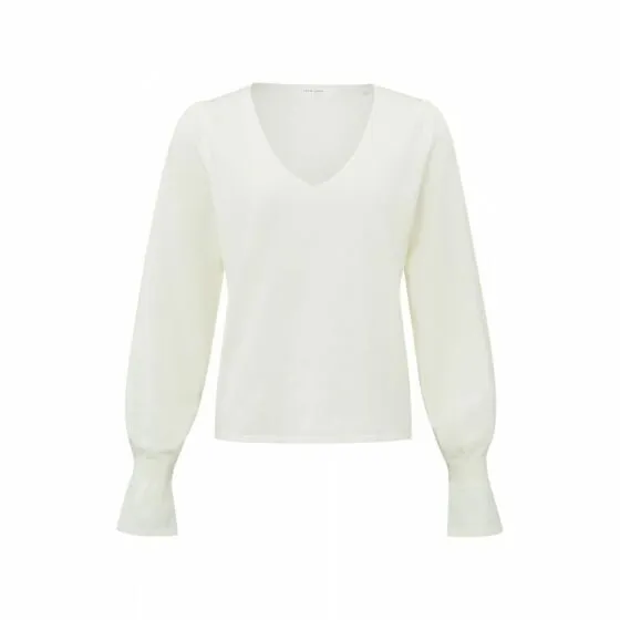 YAYA v-neck wool white w ruffle l/slv sweater