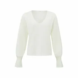 YAYA v-neck wool white w ruffle l/slv sweater