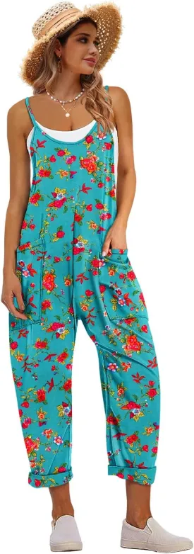 YESNO Women's Casual Floral Jumpsuits Spaghetti Straps Sleeveless Boho Summer Loose Harem Overalls Rompers with Pockets PZU