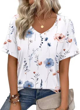 Zeagoo Womens Summer Tops Short Sleeve Casual Shirts Floral Tee Trendy 2025 Basics V Neck Plain Tshirt